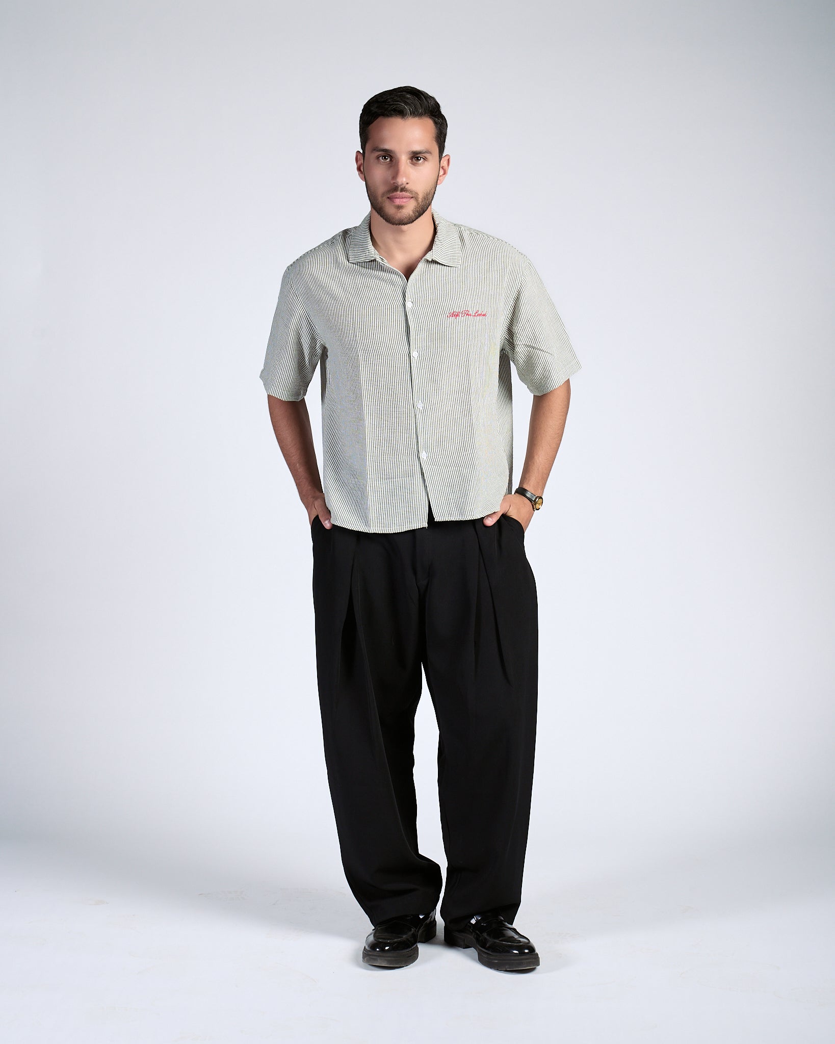 Boxy Olive Pinstripe Shirt