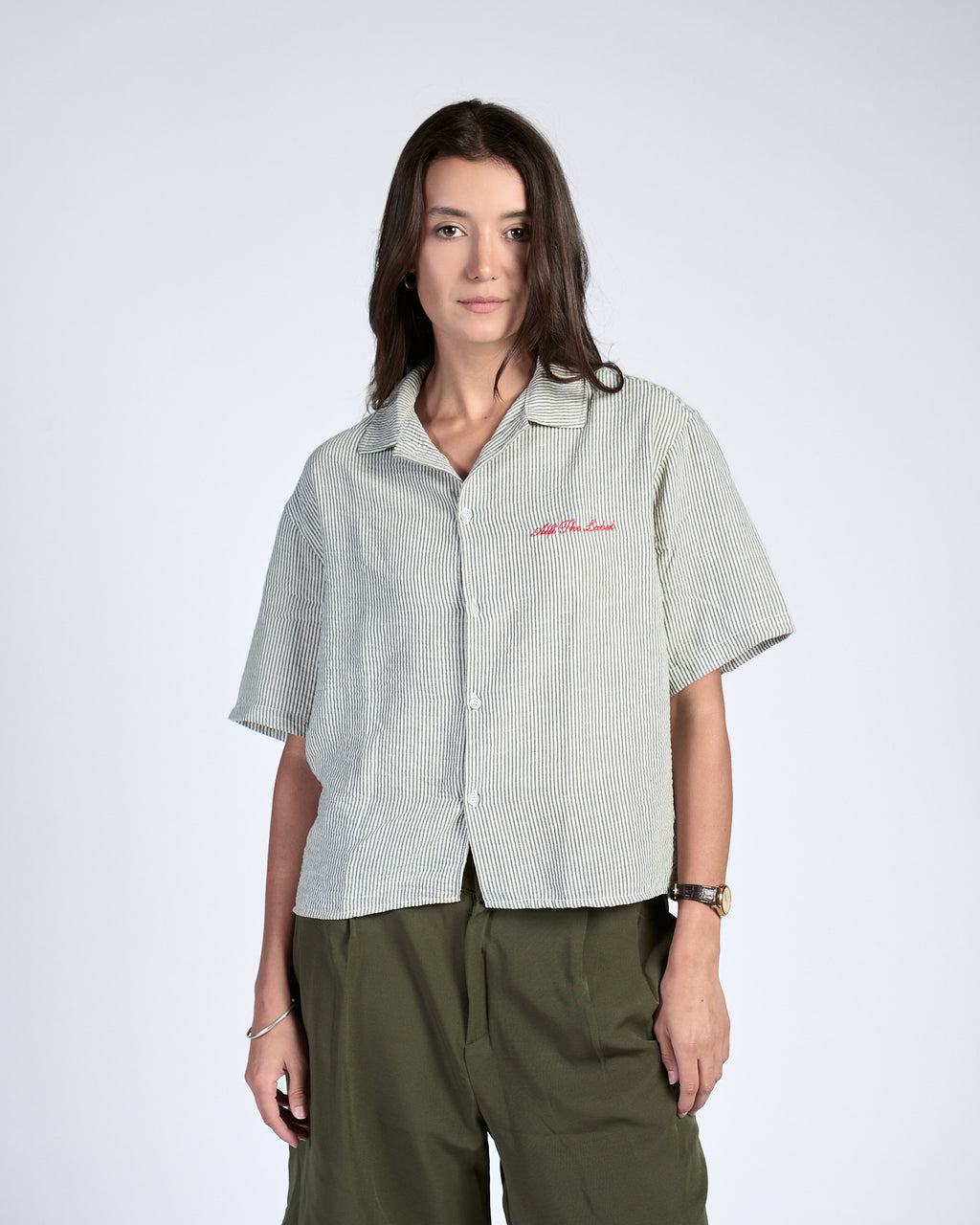 Boxy Olive Pinstripe Shirt