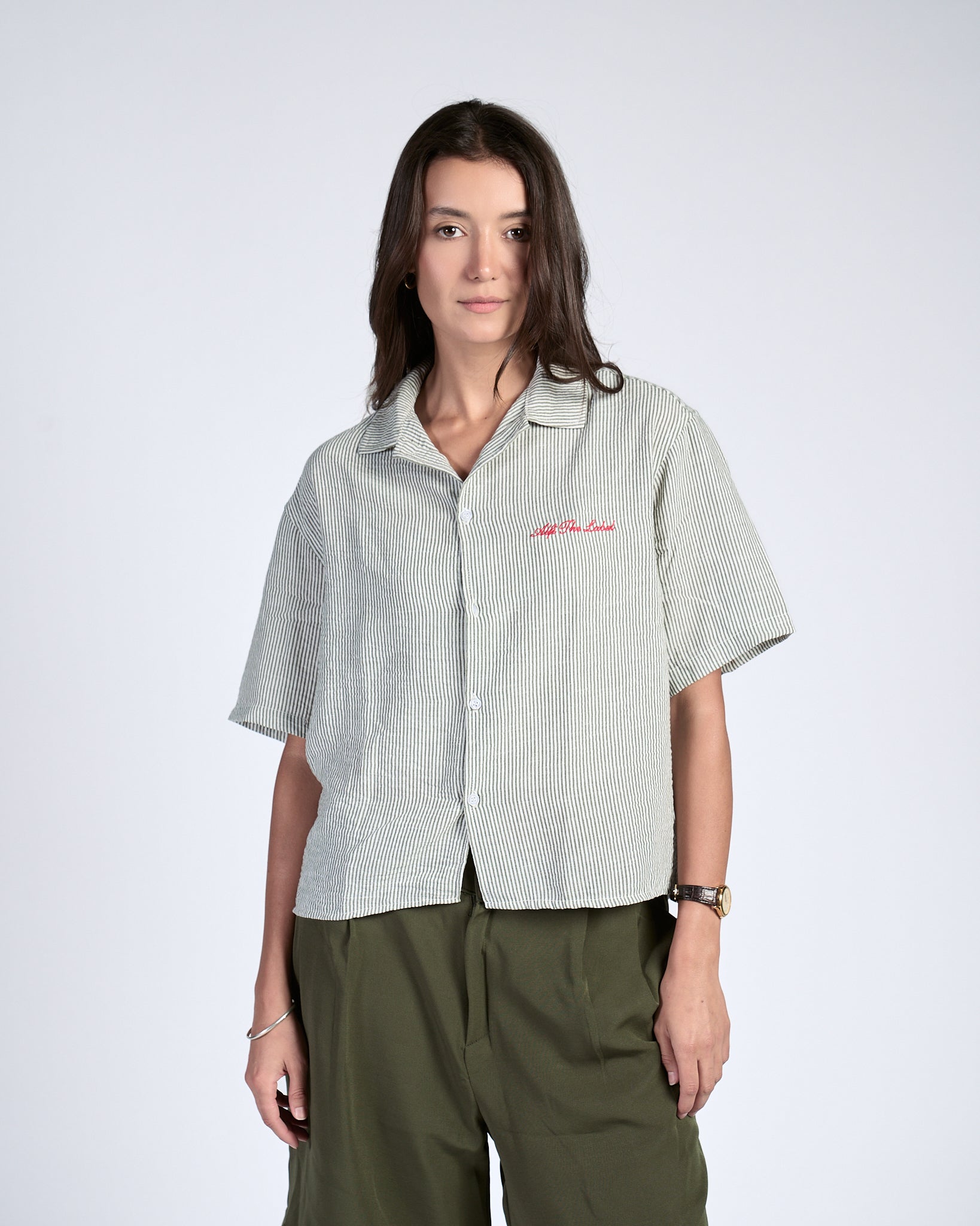 Boxy Olive Pinstripe Shirt